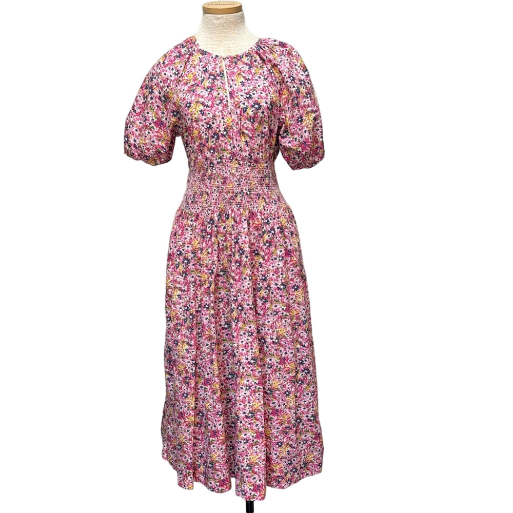 J Crew sz M pink floral maxi dress with puff sleeves and waist gathering